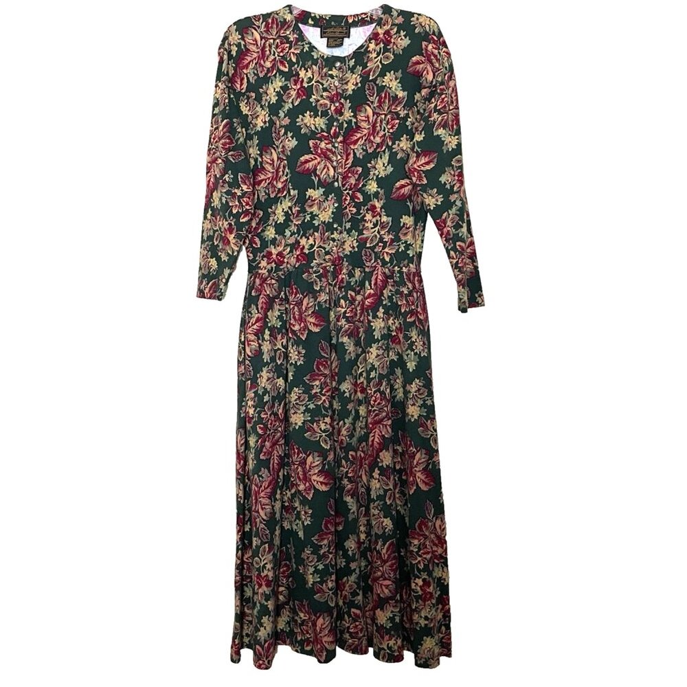 Vintage 90's Eddie Bauer Maxi Dress Size Small Petite Floral Button Front Modest